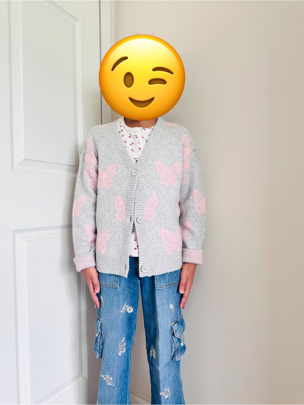 Place Gray Cardigan Sweater with Pink Butterfly Motif